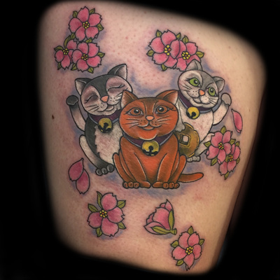 Good luck money cats maneki neko Chinese Japanese Asian  tattoo by Derek Dufresne Space Tiger Tattoos 2709 St Claude ave, New Orleans, LA