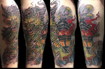 japanese asian oni demon with lantern  tattoo by Derek Dufresne Space Tiger Tattoos 2709 St Claude ave, New Orleans, LA