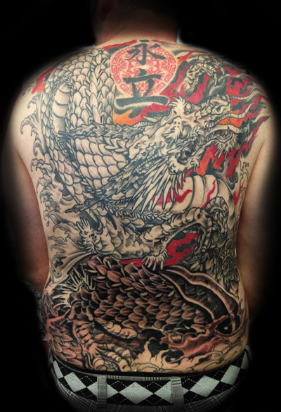 Japanese dragon asian full back piece fire  tattoo by Derek Dufresne Space Tiger Tattoos 2709 St Claude ave, New Orleans, LA