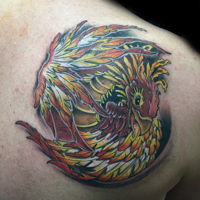 japanese phoenix tattoo by Derek Dufresne Space Tiger Tattoos 2709 St Claude ave, New Orleans, LA