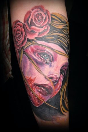 realistic portrait girl woman face pretty bloody roses  tattoo by Derek Dufresne Space Tiger Tattoos 2709 St Claude ave, New Orleans, LA