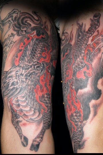 Kirin asian Japanese black and grey  tattoo by Derek Dufresne Space Tiger Tattoos 2709 St Claude ave, New Orleans, LA