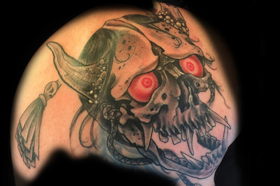 Japanese asian oni hannya hanya skull  mask tattoo by Derek Dufresne Space Tiger Tattoos 2709 St Claude ave, New Orleans, LA